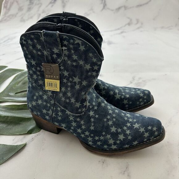 Roper Womens Denim Star Print Ankle Boots Size 10.5 New Blue Stonewash Western - Picture 1 of 10
